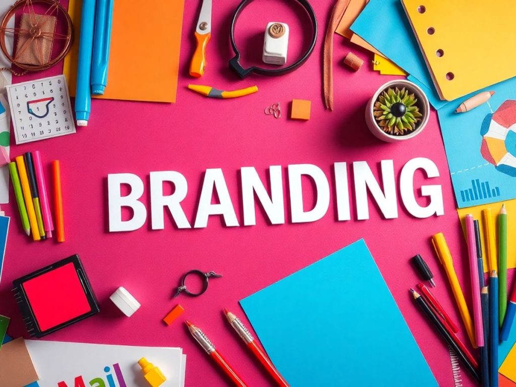 Imagine cu un birou creativ și elemente de branding.