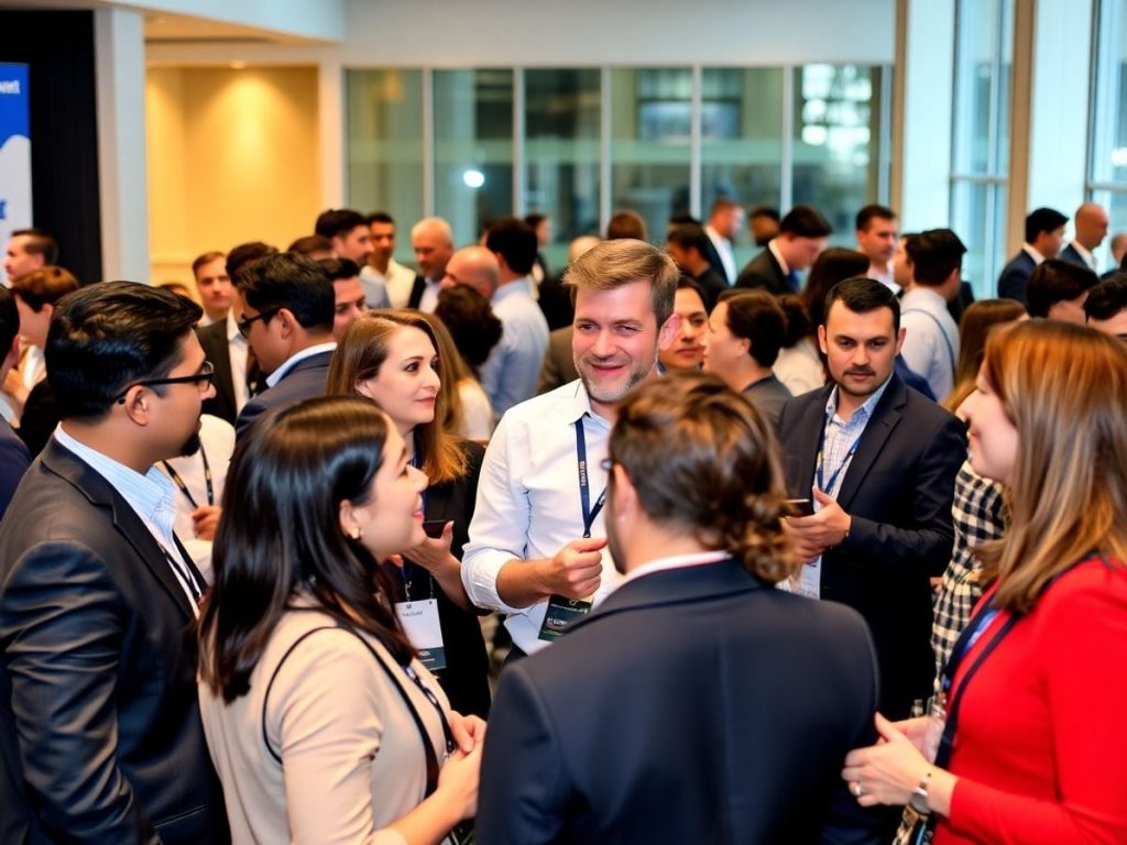 Lideri din industrie discutând la un eveniment de networking.