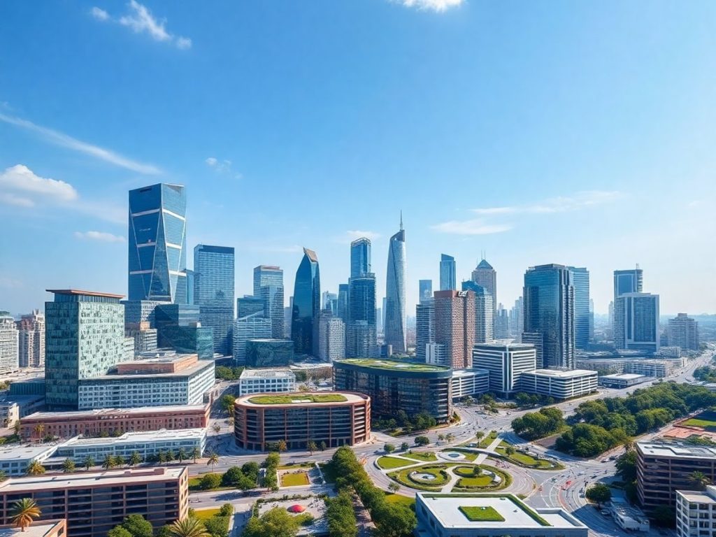 Tendințele emergente în piața imobiliara în 2025: Ce ne rezervă viitorul? 3 Peisaj urban modern cu arhitectură inovatoare și dezvoltare.