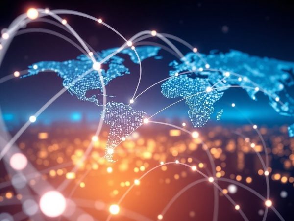 Rețele digitale conectând piețe globale, indicând creștere economică.